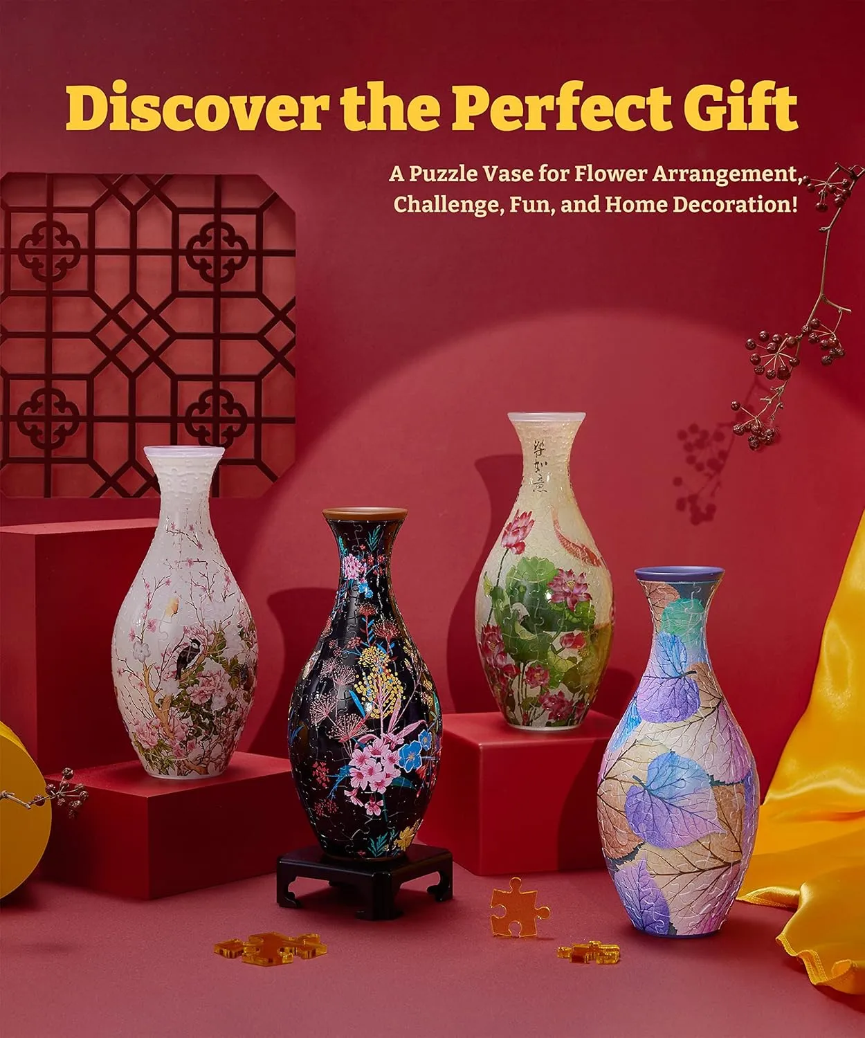 Pintoo 3D Puzzle Vase Unique Flower Vase Made by 160 Curved Plastic Puzzle Pieces House Warming Gift for Flower Arrangements and Home Decoration - [S1024] (Translucent, Carp with Lotus)