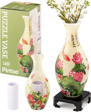 Pintoo 3D Puzzle Vase Unique Flower Vase Made by 160 Curved Plastic Puzzle Pieces House Warming Gift for Flower Arrangements and Home Decoration - [S1024] (Translucent, Carp with Lotus)