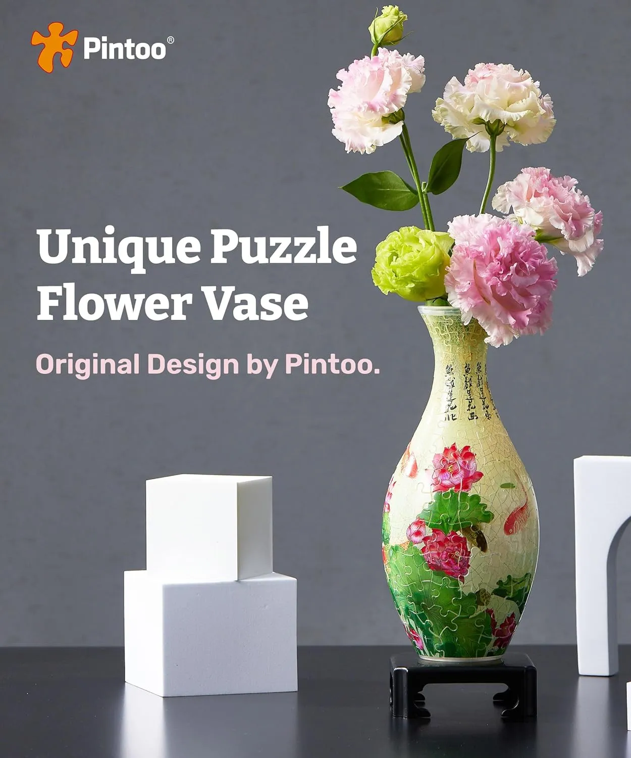 Pintoo 3D Puzzle Vase Unique Flower Vase Made by 160 Curved Plastic Puzzle Pieces House Warming Gift for Flower Arrangements and Home Decoration - [S1024] (Translucent, Carp with Lotus)
