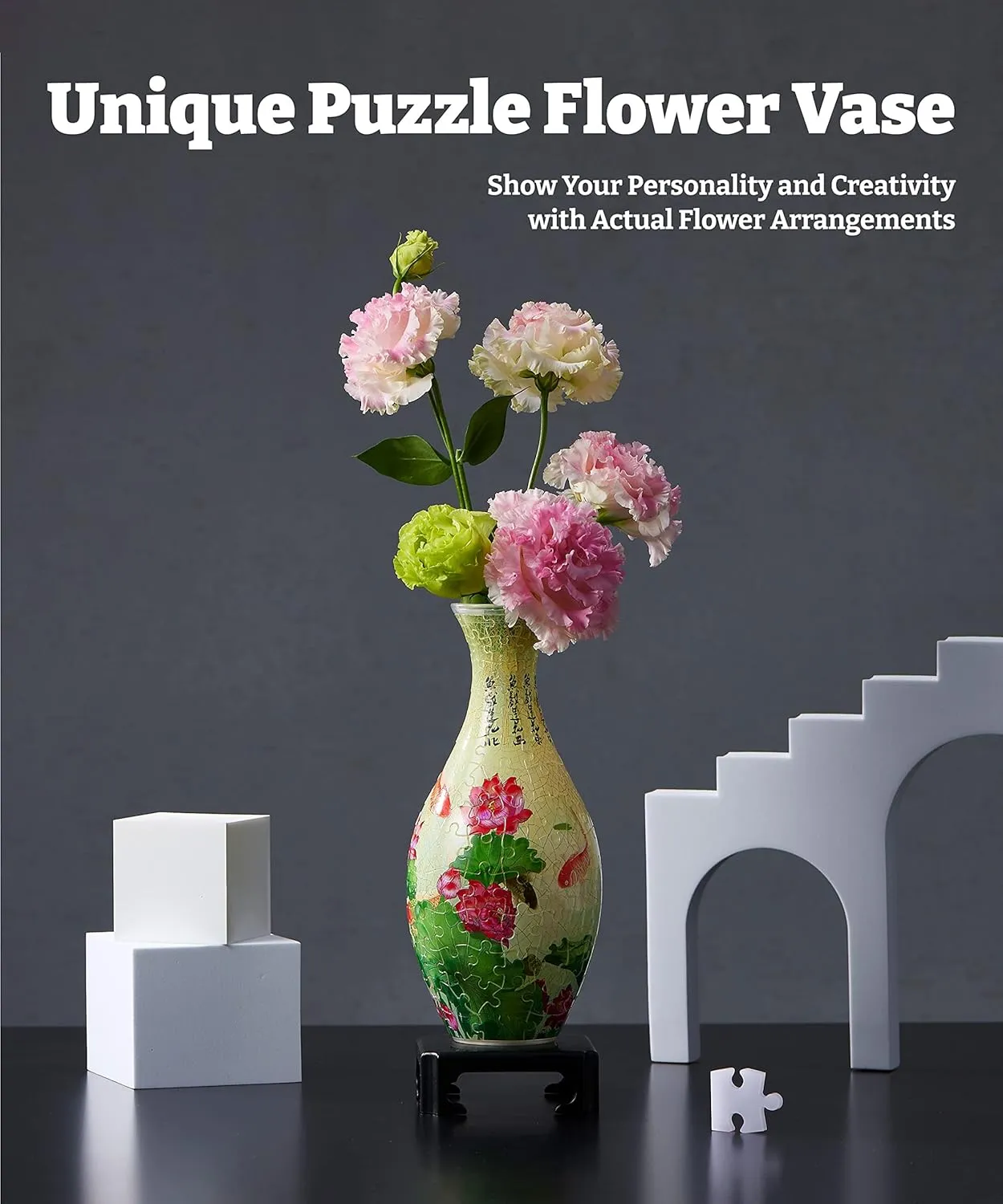 Pintoo 3D Puzzle Vase Unique Flower Vase Made by 160 Curved Plastic Puzzle Pieces House Warming Gift for Flower Arrangements and Home Decoration - [S1024] (Translucent, Carp with Lotus)