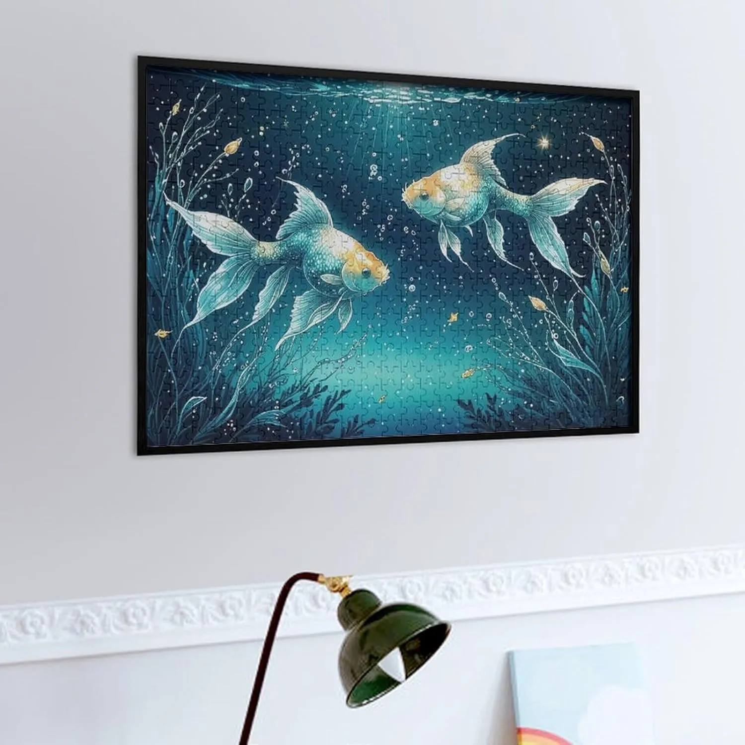 Pisces of The Zodiac 500-Piece Wooden Jigsaw Puzzle – Elegant Twin Fish Symbol with Oceanic Background and Soft Colors