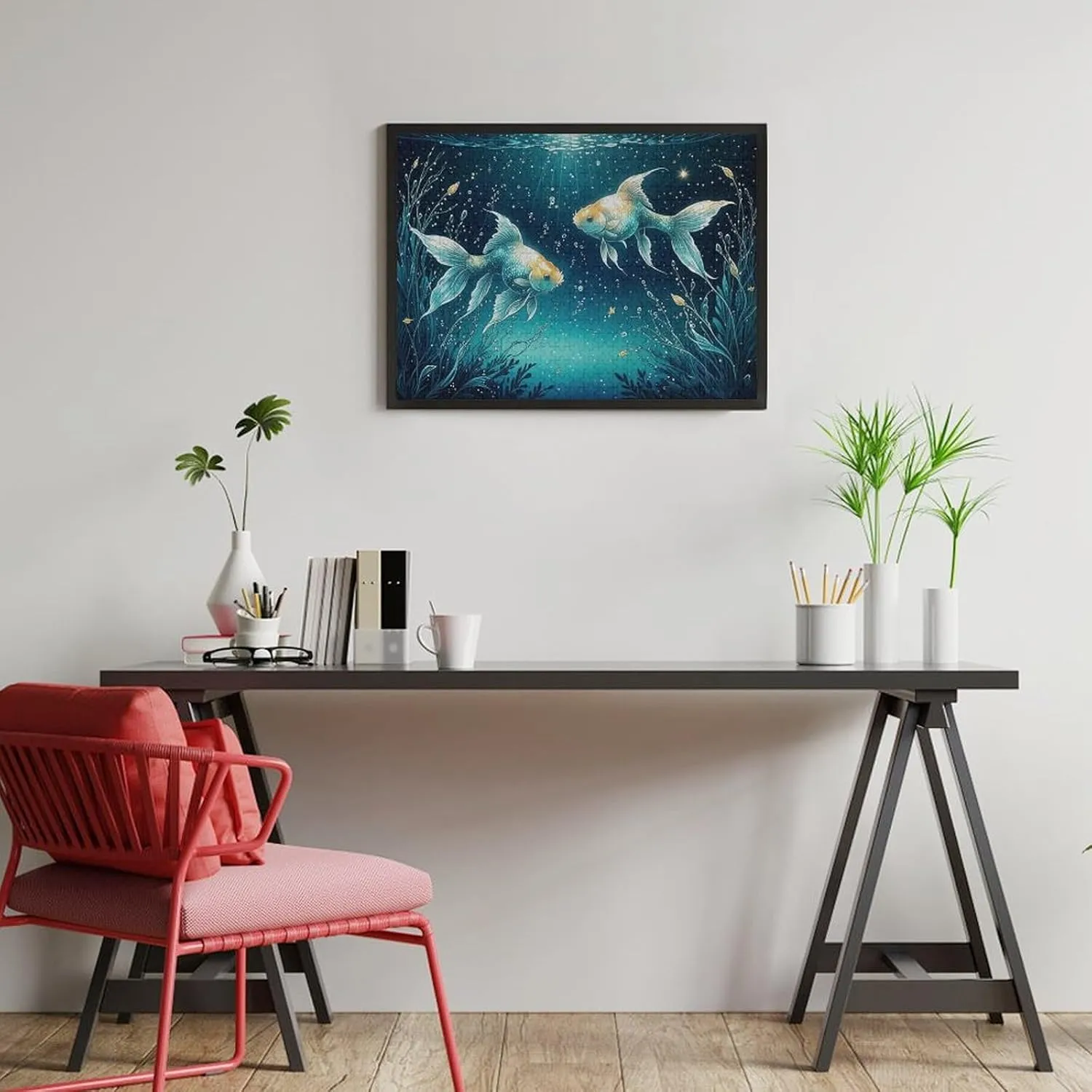 Pisces of The Zodiac 500-Piece Wooden Jigsaw Puzzle – Elegant Twin Fish Symbol with Oceanic Background and Soft Colors