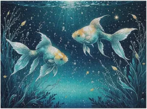 Pisces of The Zodiac 500-Piece Wooden Jigsaw Puzzle – Elegant Twin Fish Symbol with Oceanic Background and Soft Colors