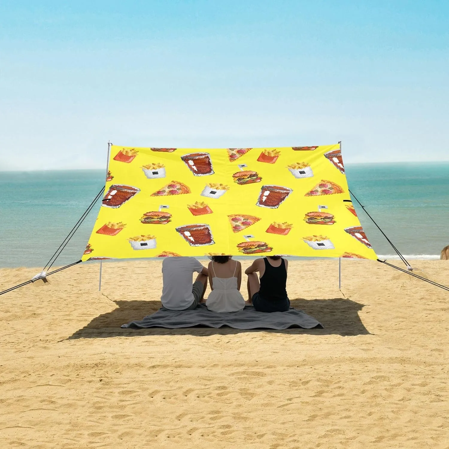 Pixel Art Junk Food Pattern Beach Canopy Tent Anti-UV & Wind Resistant, Camping Sun Shelter Easy Setup Portable,Outdoor Shade Tents with Sandbags,Sand Shovels,Ground Pegs & Stability Poles