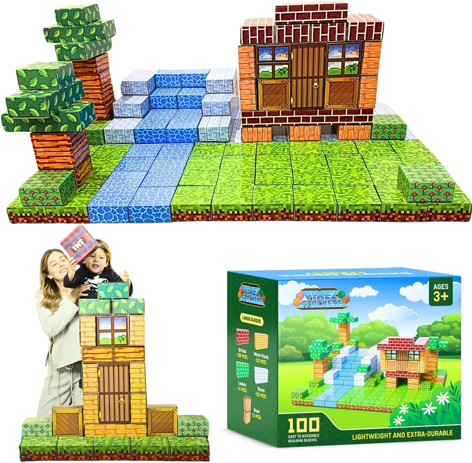 PixelStackers 100 Jumbo Building Blocks for Children Large Cardboard Blocks, Big Blocks Set for Mine Creative Craft Play & Early Learning, Easy to Assemble Big Building Blocks for All Children