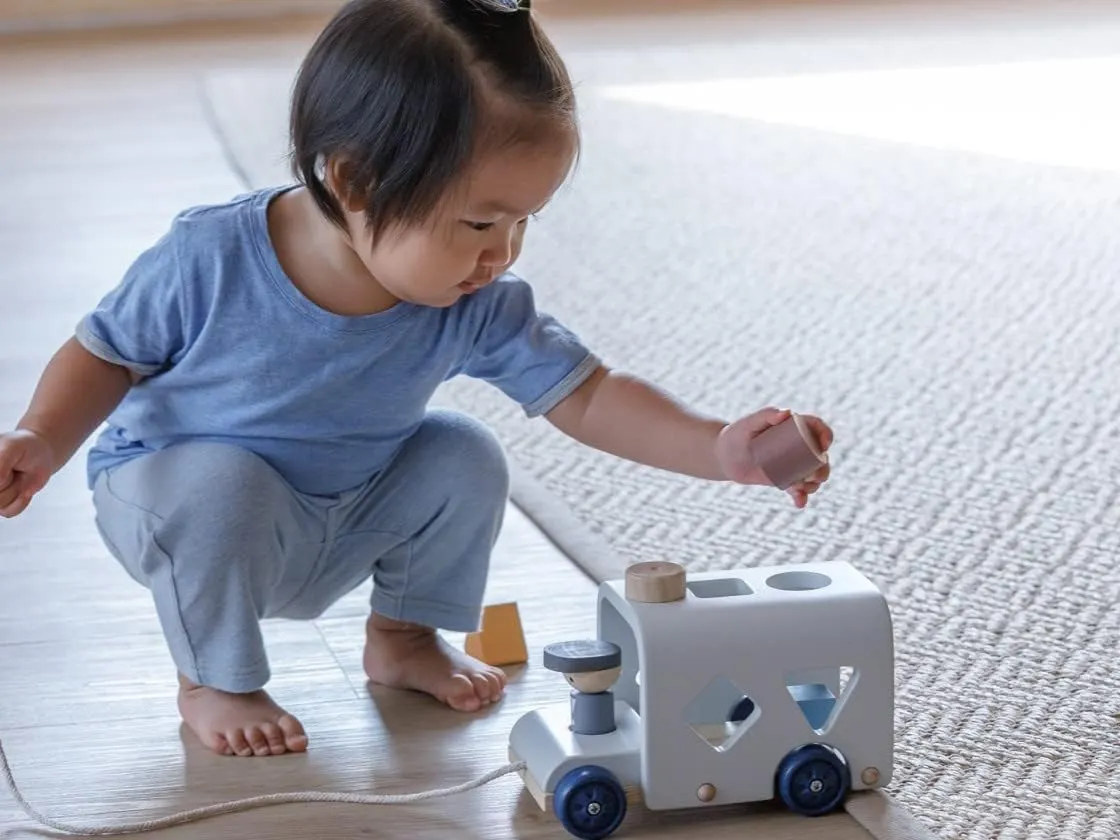 PlanToys Shape Sorting Bus Wooden Pull Toy - Non-Toxic, Sustainably-Made Pull Along Wooden Toy