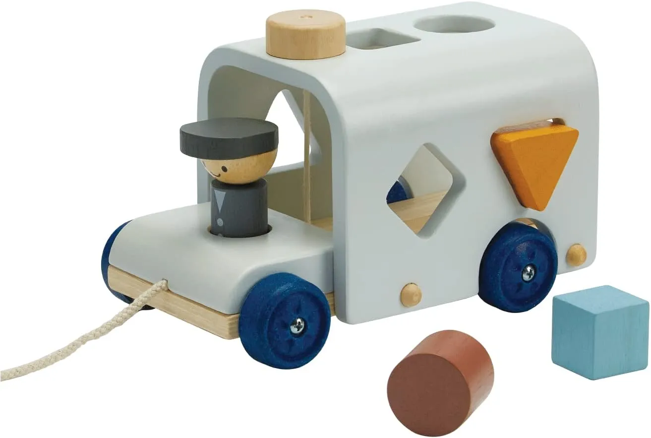 PlanToys Shape Sorting Bus Wooden Pull Toy - Non-Toxic, Sustainably-Made Pull Along Wooden Toy