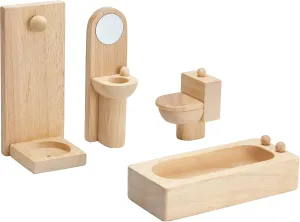 PlanToys Wooden Classic Line of Dollhouse Furniture- Bathroom Set (9014) | Sustainably Made from Rubberwood and Non-Toxic Paints and Dyes | PlanNatural Classic Wooden Toy Collection