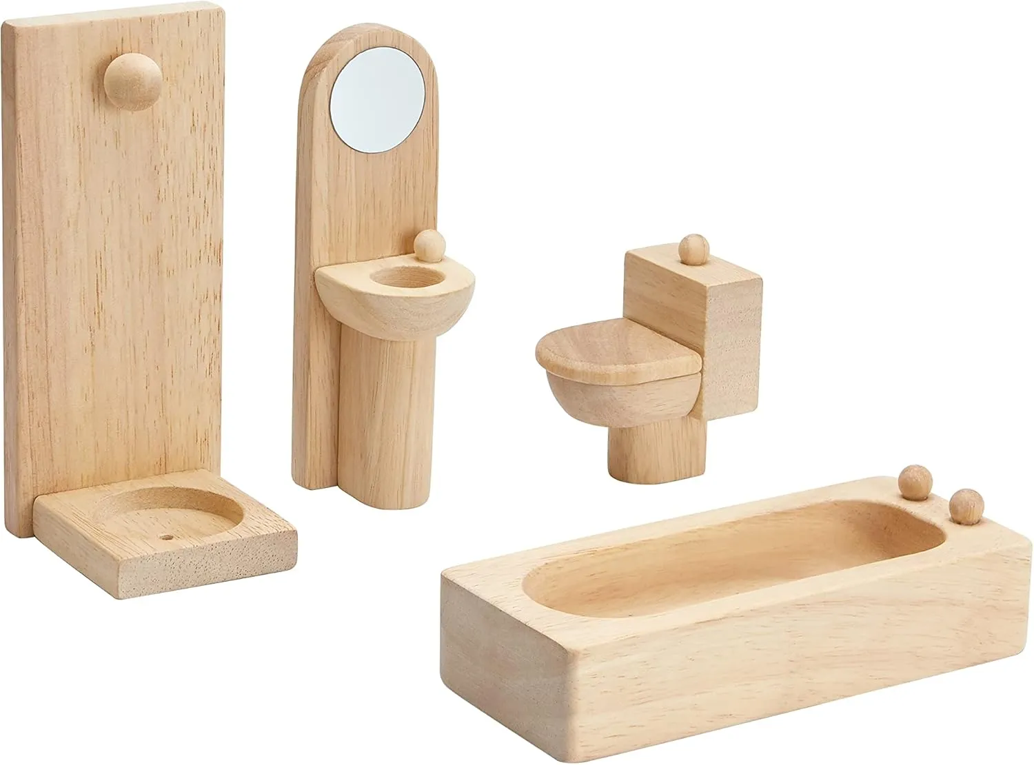 PlanToys Wooden Classic Line of Dollhouse Furniture- Bathroom Set (9014) | Sustainably Made from Rubberwood and Non-Toxic Paints and Dyes | PlanNatural Classic Wooden Toy Collection