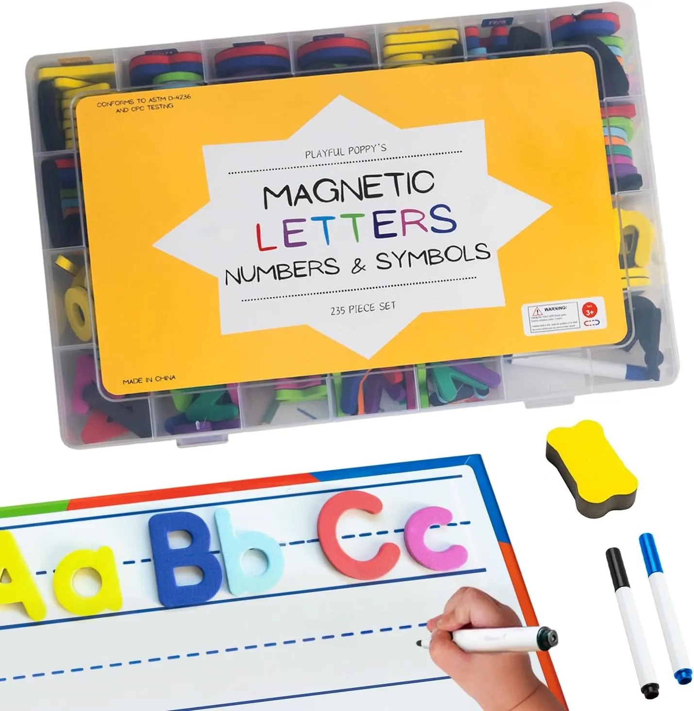 Playful Poppy's Magnetic Alphabet Letters 235 Pc Set Double Magnetic Board Foam Alphabet Letters and Numbers for Preschool Kids Toddler Magnets for Spelling and Colorful ABC Education Fridge Magnets