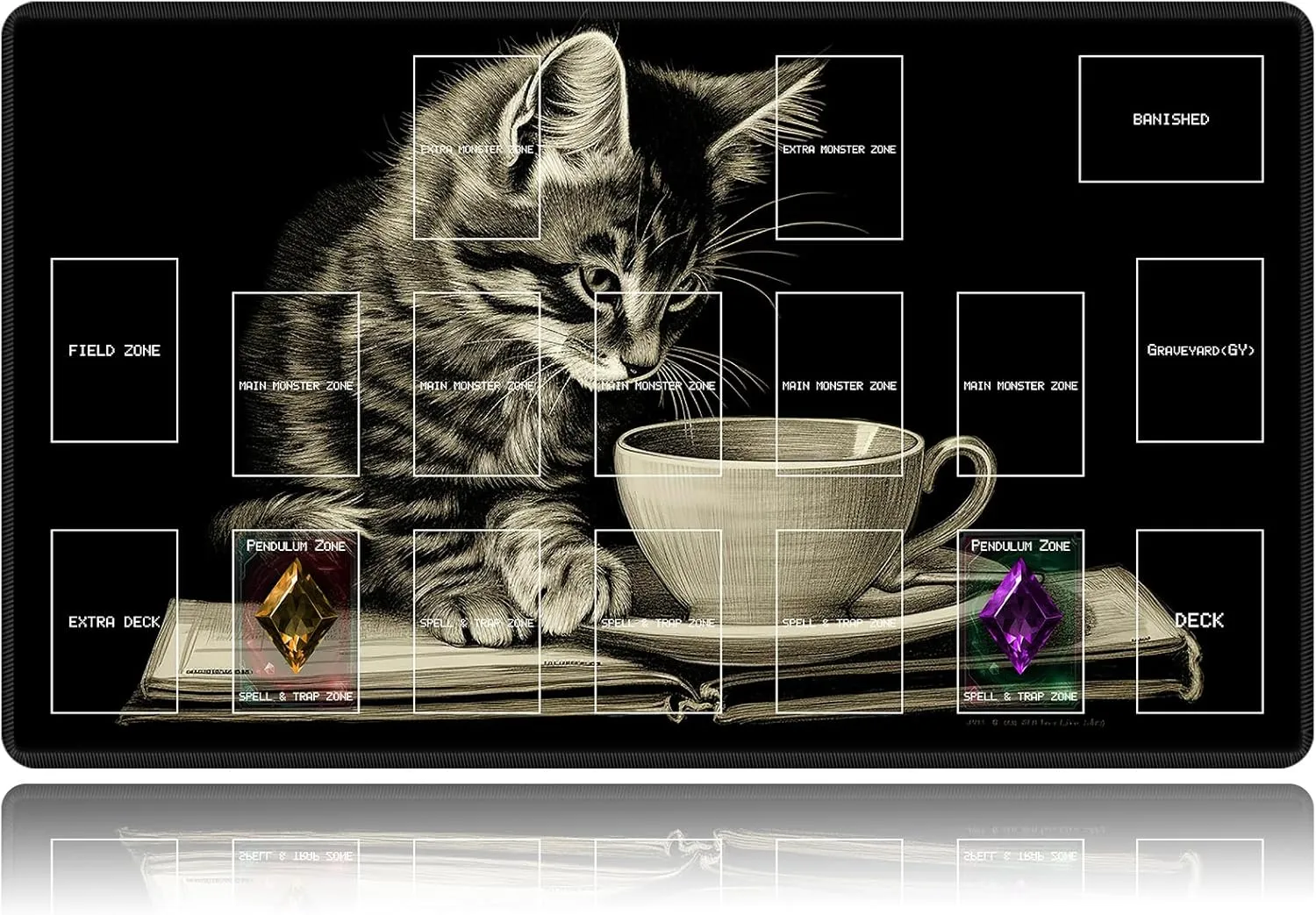 Playmat for OCG, Card Game Mat Non-Slip Rubber Base and Stitched, 24 x 14 in TCG Play Mat with Zones for CCG and Other Card Games, Cat Art Painting