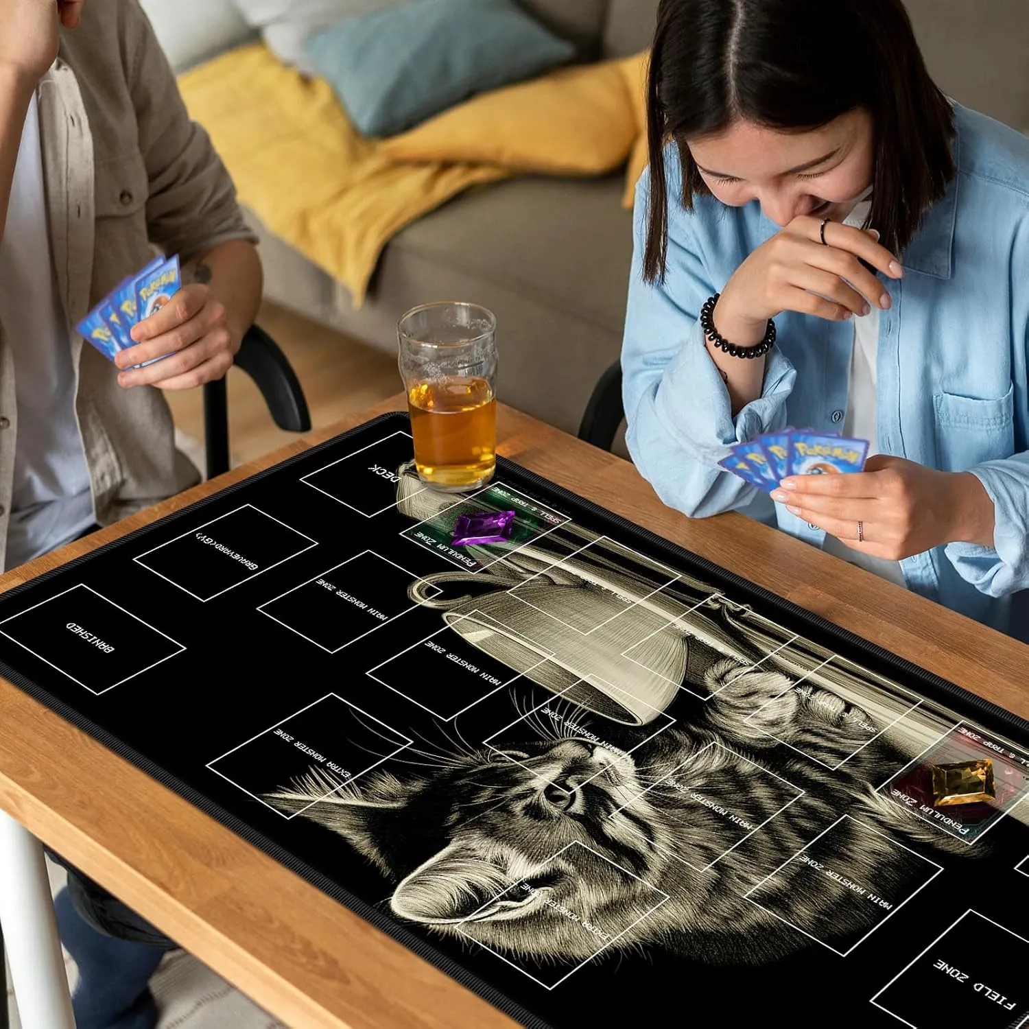 Playmat for OCG, Card Game Mat Non-Slip Rubber Base and Stitched, 24 x 14 in TCG Play Mat with Zones for CCG and Other Card Games, Cat Art Painting