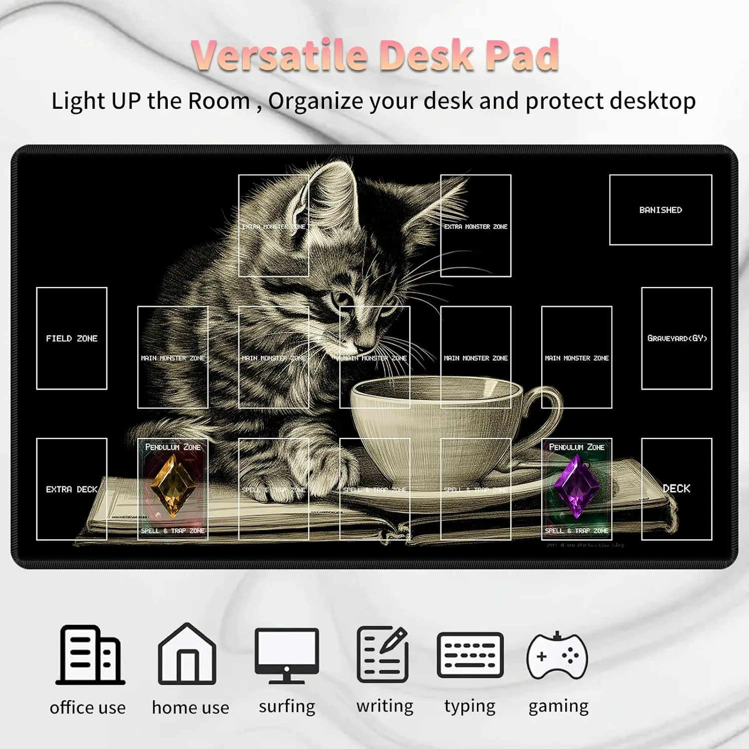 Playmat for OCG, Card Game Mat Non-Slip Rubber Base and Stitched, 24 x 14 in TCG Play Mat with Zones for CCG and Other Card Games, Cat Art Painting
