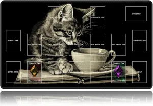 Playmat for OCG, Card Game Mat Non-Slip Rubber Base and Stitched, 24 x 14 in TCG Play Mat with Zones for CCG and Other Card Games, Cat Art Painting