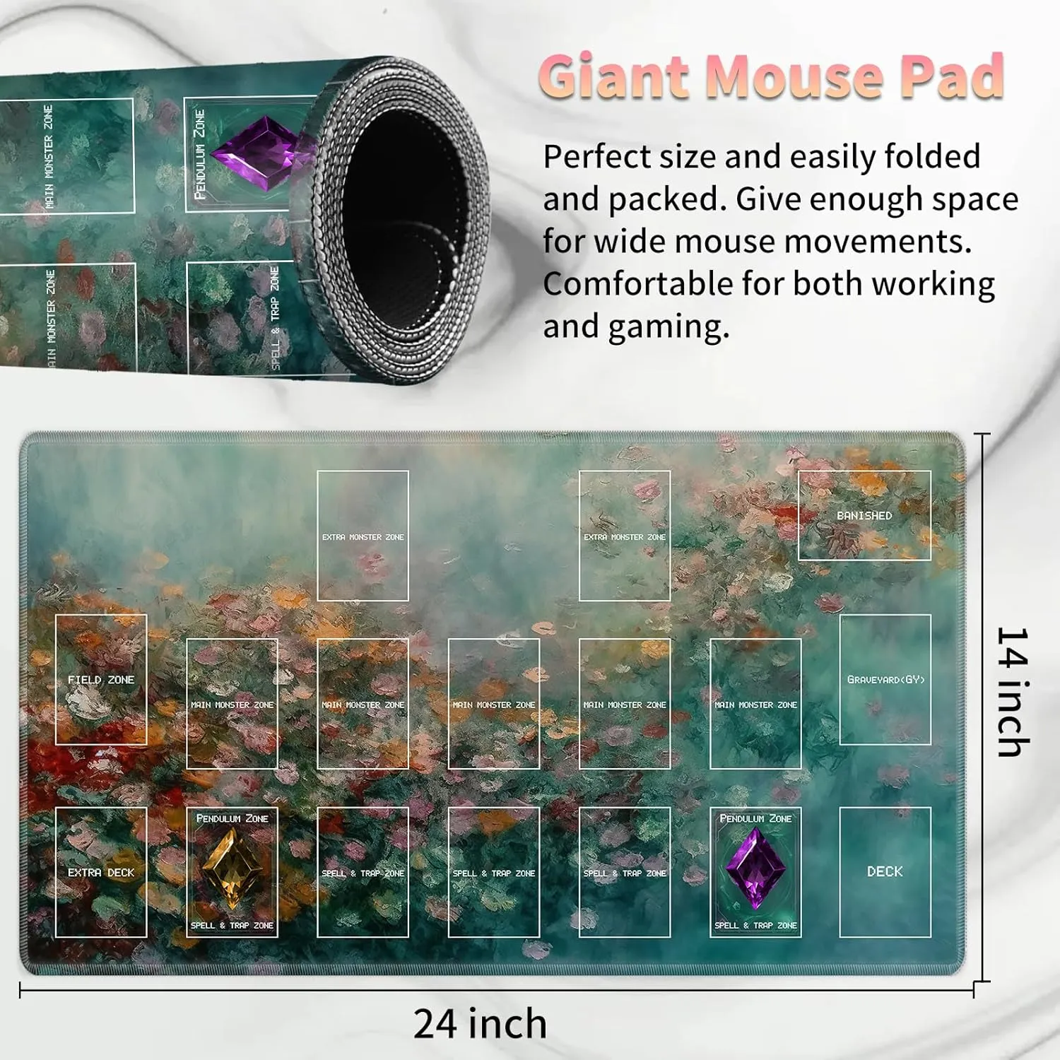 Playmat for OCG, Card Game Mat Non-Slip Rubber Base and Stitched, 24 x 14 in TCG Play Mat with Zones for CCG and Other Card Games, Color Oil Painting