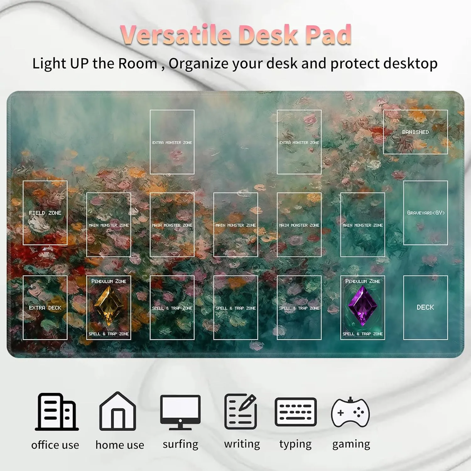 Playmat for OCG, Card Game Mat Non-Slip Rubber Base and Stitched, 24 x 14 in TCG Play Mat with Zones for CCG and Other Card Games, Color Oil Painting