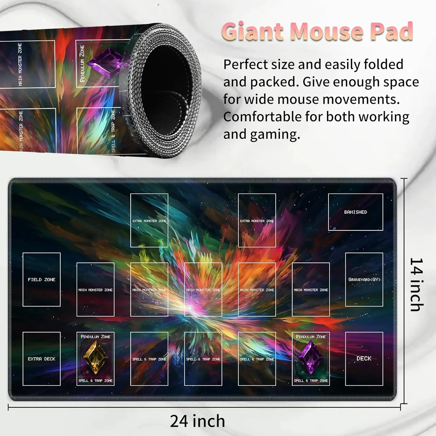 Playmat for OCG, Card Game Mat Non-Slip Rubber Base and Stitched, 24 x 14 in TCG Play Mat with Zones for CCG and Other Card Games, Colorful Paint