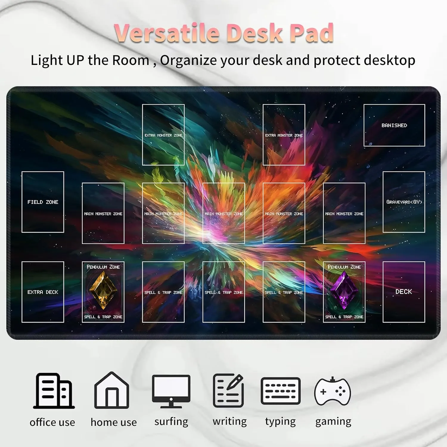 Playmat for OCG, Card Game Mat Non-Slip Rubber Base and Stitched, 24 x 14 in TCG Play Mat with Zones for CCG and Other Card Games, Colorful Paint