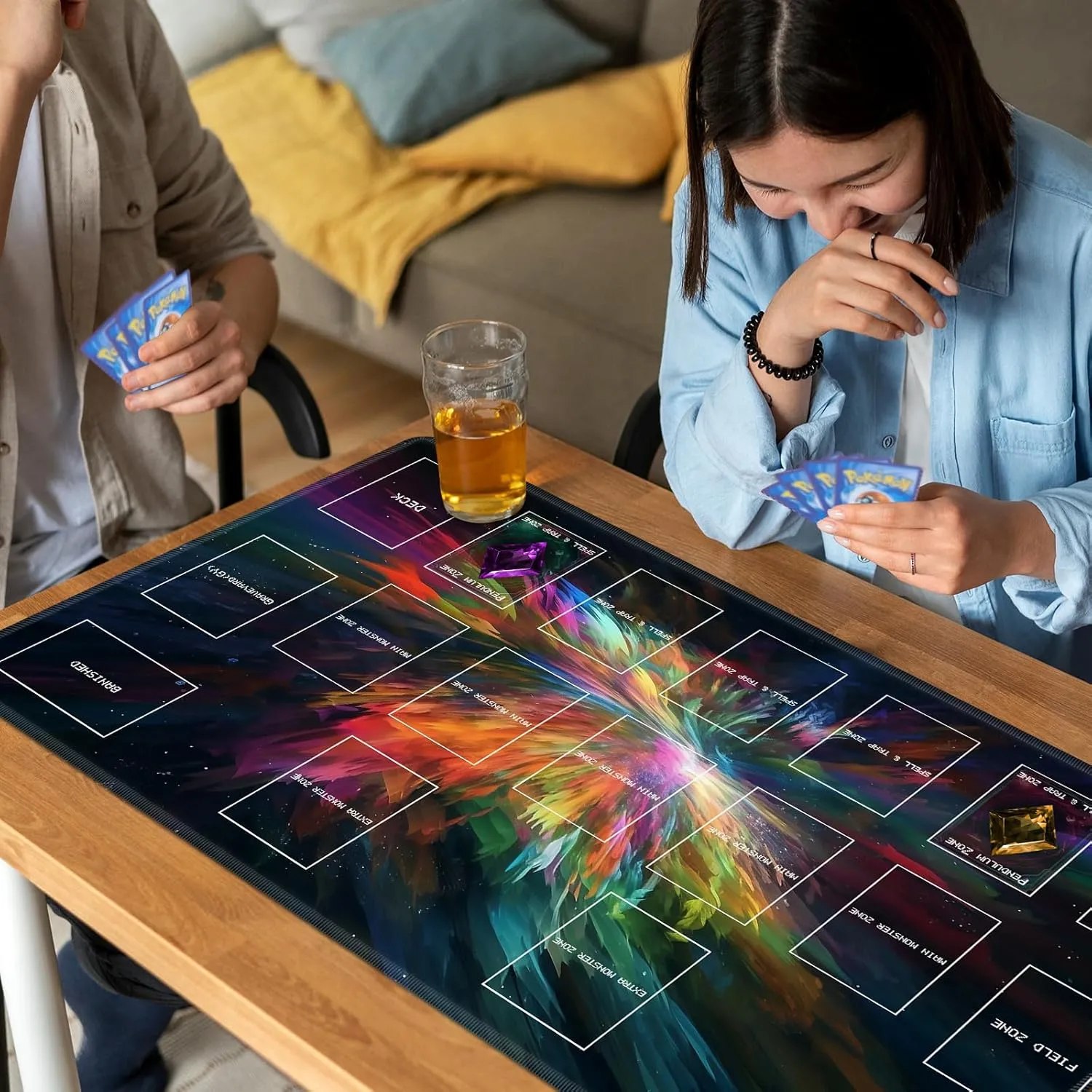 Playmat for OCG, Card Game Mat Non-Slip Rubber Base and Stitched, 24 x 14 in TCG Play Mat with Zones for CCG and Other Card Games, Colorful Paint
