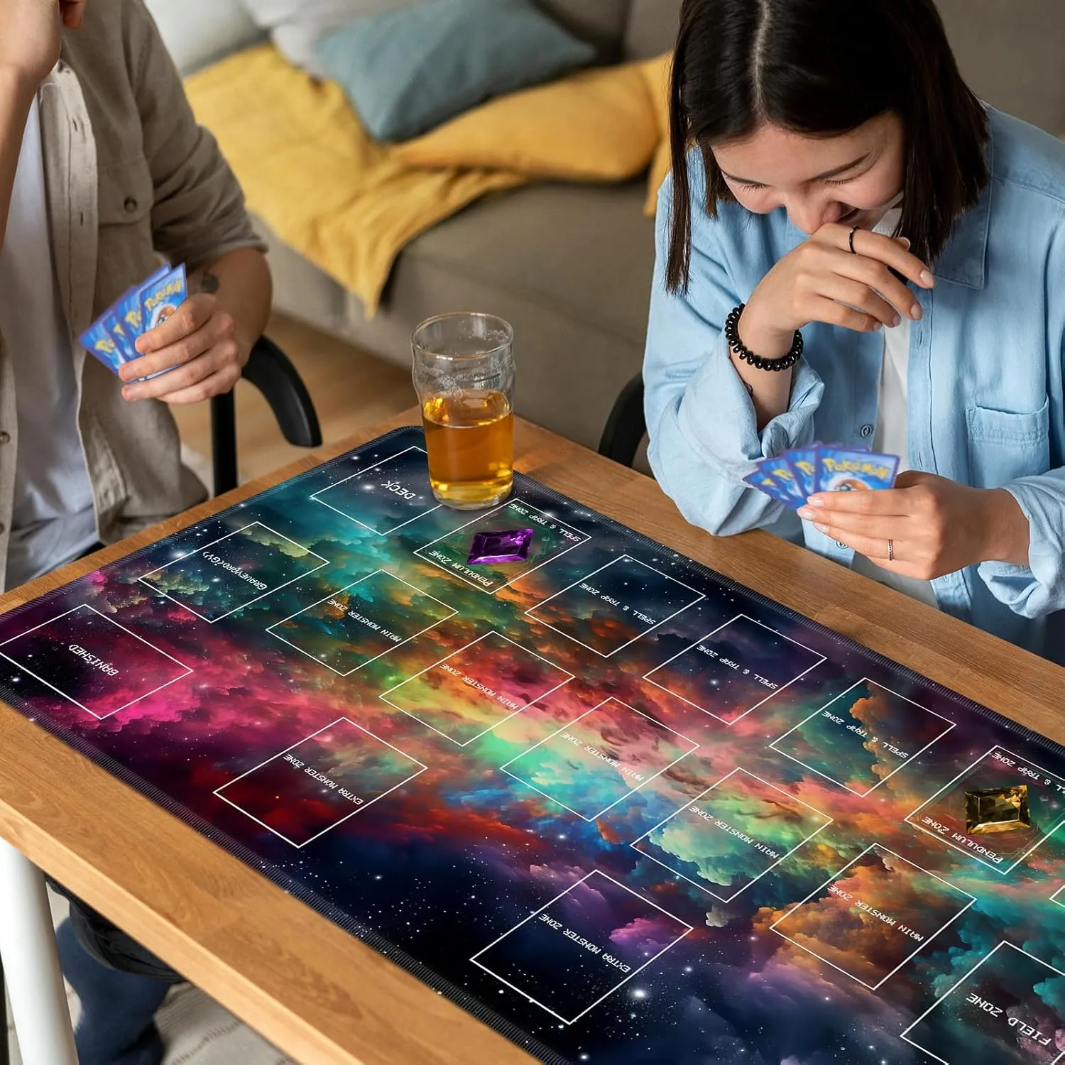 Playmat for OCG, Card Game Mat Non-Slip Rubber Base and Stitched, 24 x 14 in TCG Play Mat with Zones for CCG and Other Card Games, Colorful Starry Sky
