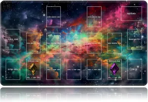 Playmat for OCG, Card Game Mat Non-Slip Rubber Base and Stitched, 24 x 14 in TCG Play Mat with Zones for CCG and Other Card Games, Colorful Starry Sky