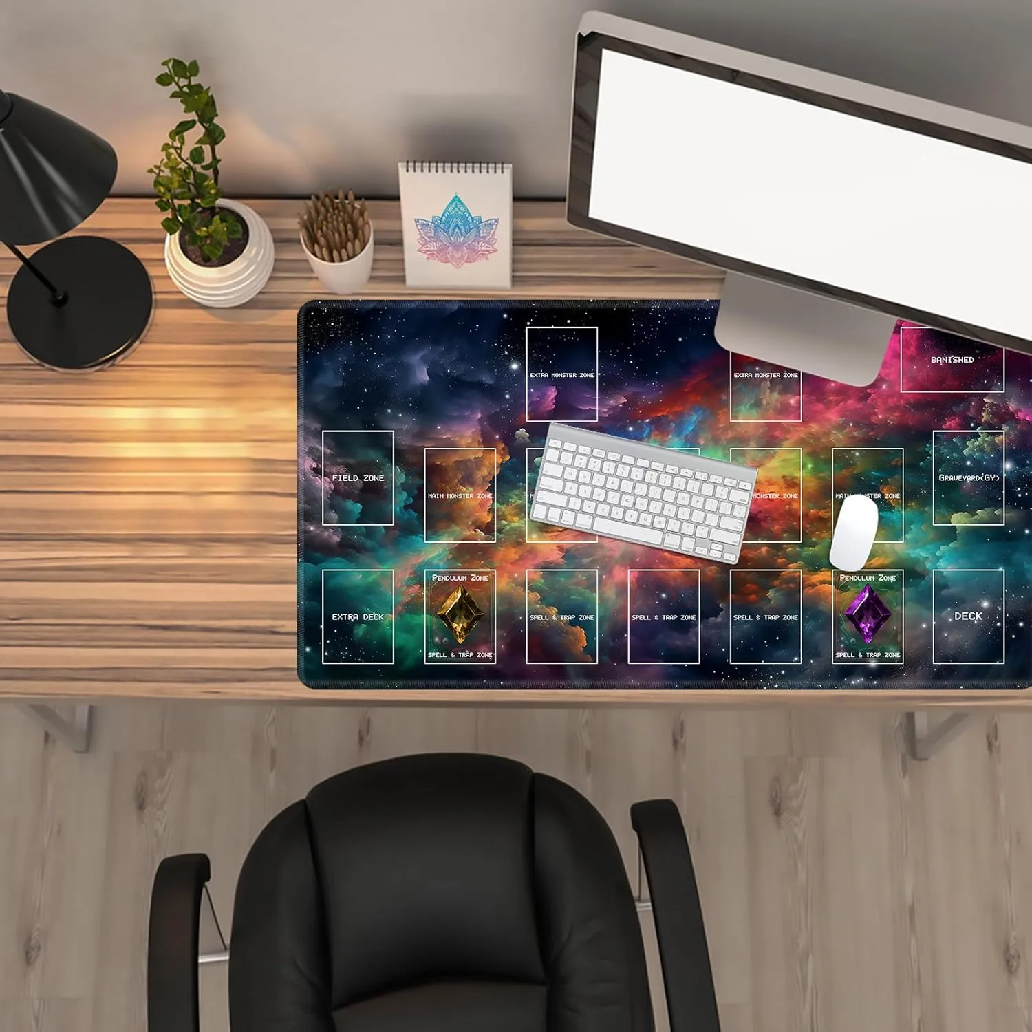 Playmat for OCG, Card Game Mat Non-Slip Rubber Base and Stitched, 24 x 14 in TCG Play Mat with Zones for CCG and Other Card Games, Colorful Starry Sky