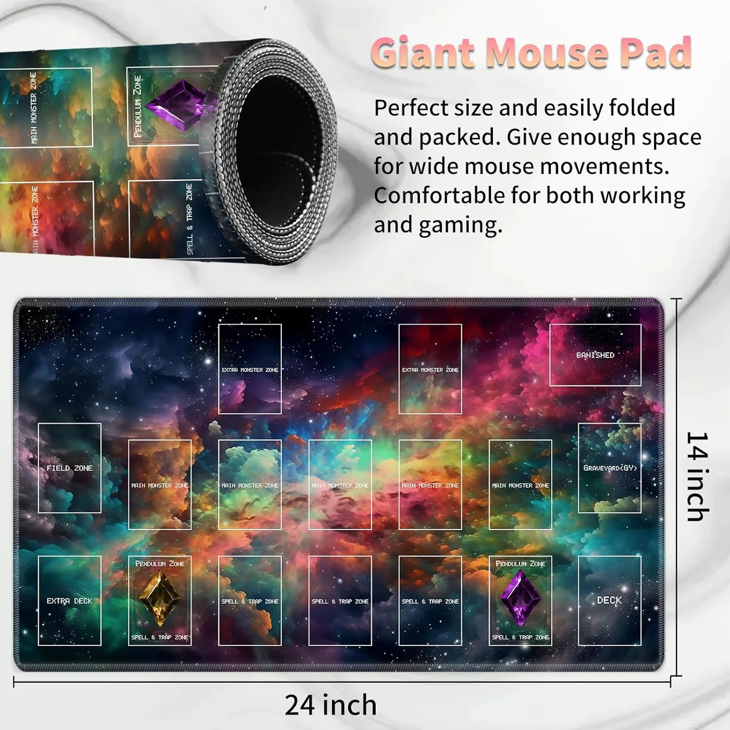 Playmat for OCG, Card Game Mat Non-Slip Rubber Base and Stitched, 24 x 14 in TCG Play Mat with Zones for CCG and Other Card Games, Colorful Starry Sky