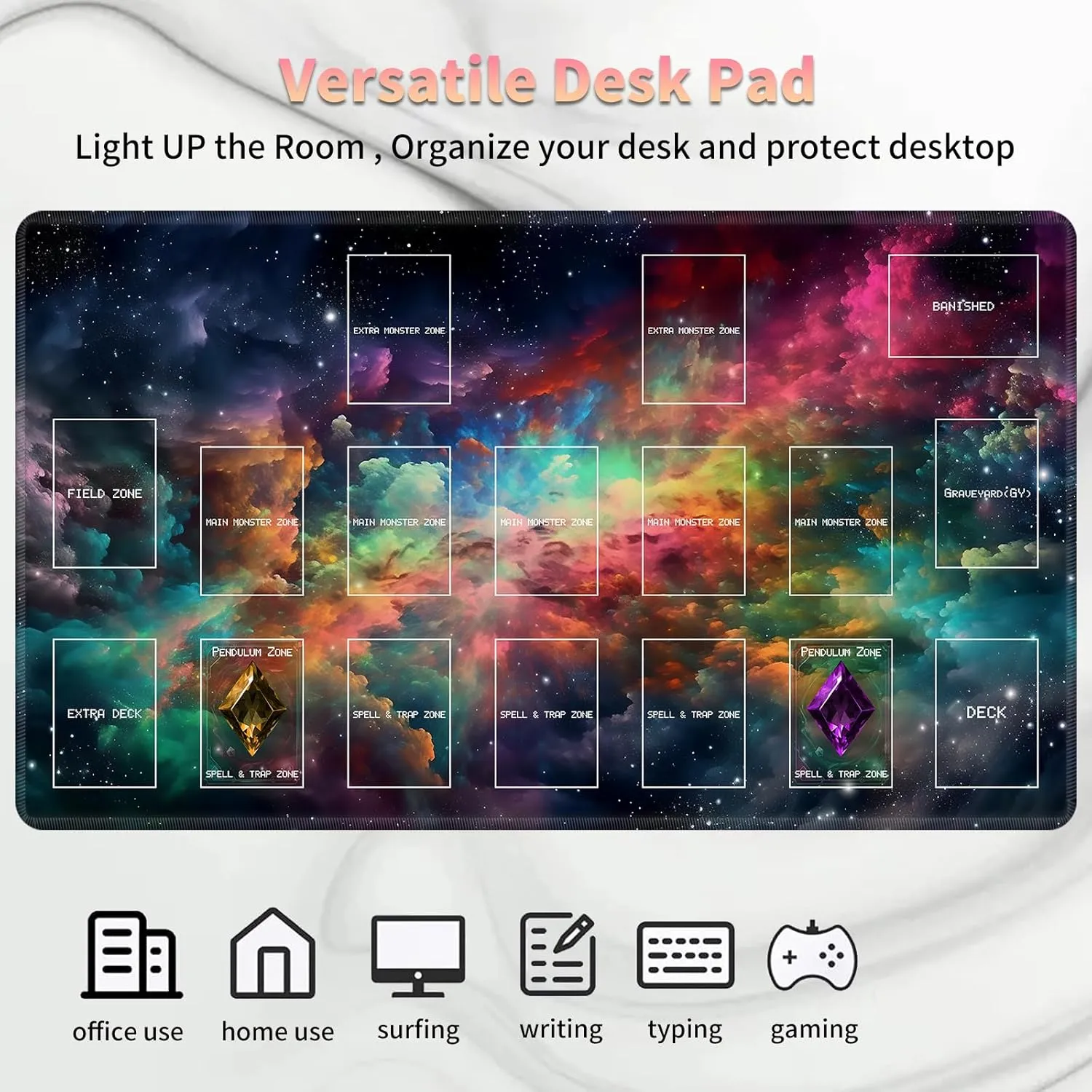 Playmat for OCG, Card Game Mat Non-Slip Rubber Base and Stitched, 24 x 14 in TCG Play Mat with Zones for CCG and Other Card Games, Colorful Starry Sky