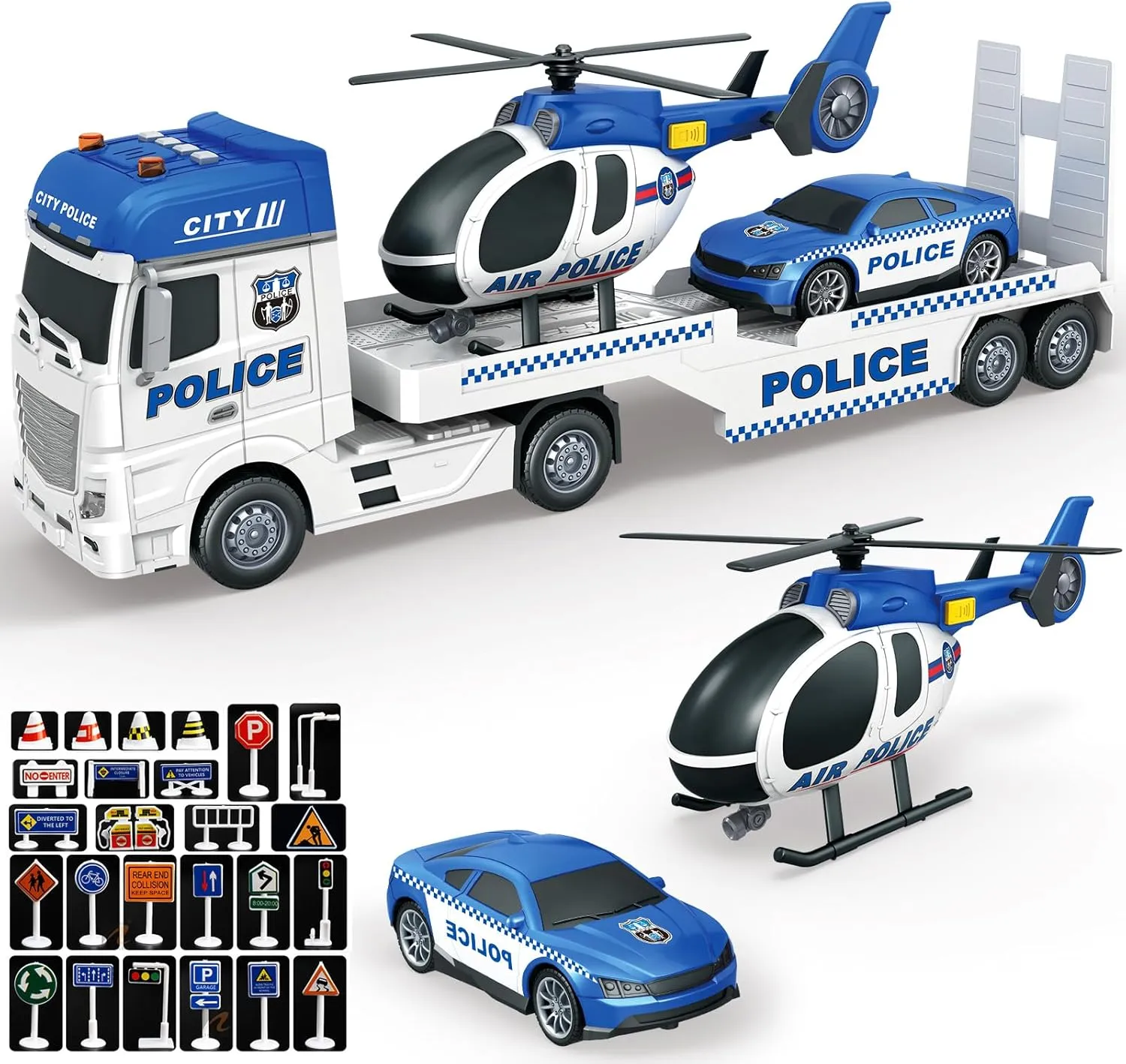 Police Truck Toy 25.6" Large Semi Truck with Racing Car and Helicopter, Kids Police Car Toys with Light & Sound, 28PCS Traffic Signs,Cars Toys Birthday Gift for Boys Girls Age 3 4 5 6 7 8