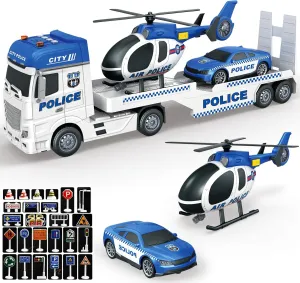 Police Truck Toy 25.6" Large Semi Truck with Racing Car and Helicopter, Kids Police Car Toys with Light & Sound, 28PCS Traffic Signs,Cars Toys Birthday Gift for Boys Girls Age 3 4 5 6 7 8