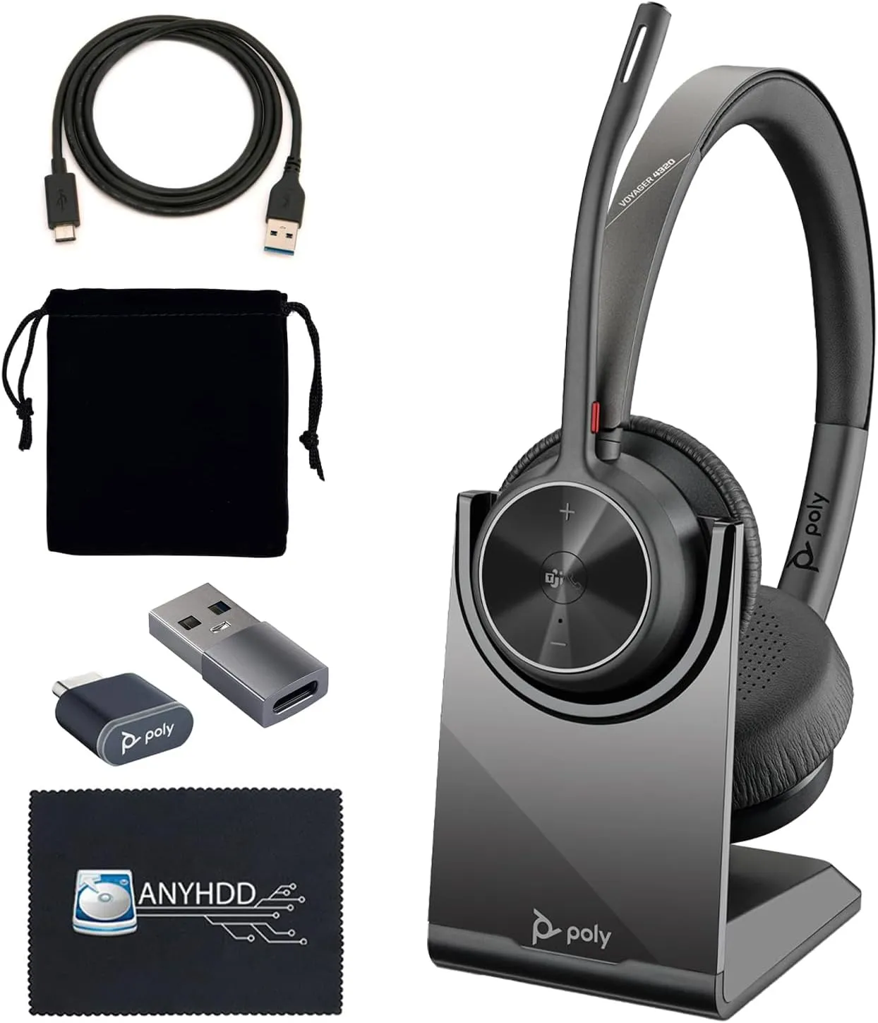 Poly Voyager 4320 UC Wireless Headset & Charge Stand - Stereo Headphones with Noise-Canceling Boom Mic   Charging Station   USB-C to A Adapter   USB C Dongle   USB A-C Cable   Pouch   Microfiber Cloth