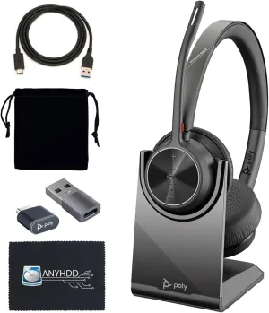 Poly Voyager 4320 UC Wireless Headset & Charge Stand - Stereo Headphones with Noise-Canceling Boom Mic   Charging Station   USB-C to A Adapter   USB C Dongle   USB A-C Cable   Pouch   Microfiber Cloth