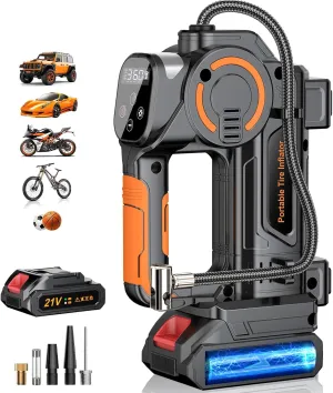 Portable Air Compressor - 160 PSI, 21V Battery, LCD Display, LED Flashlight, Triple Cooling System, 4 N Inflation Modes, Orange, Car, SUV, Motorcycle, Bike, Ball Tire Inflator
