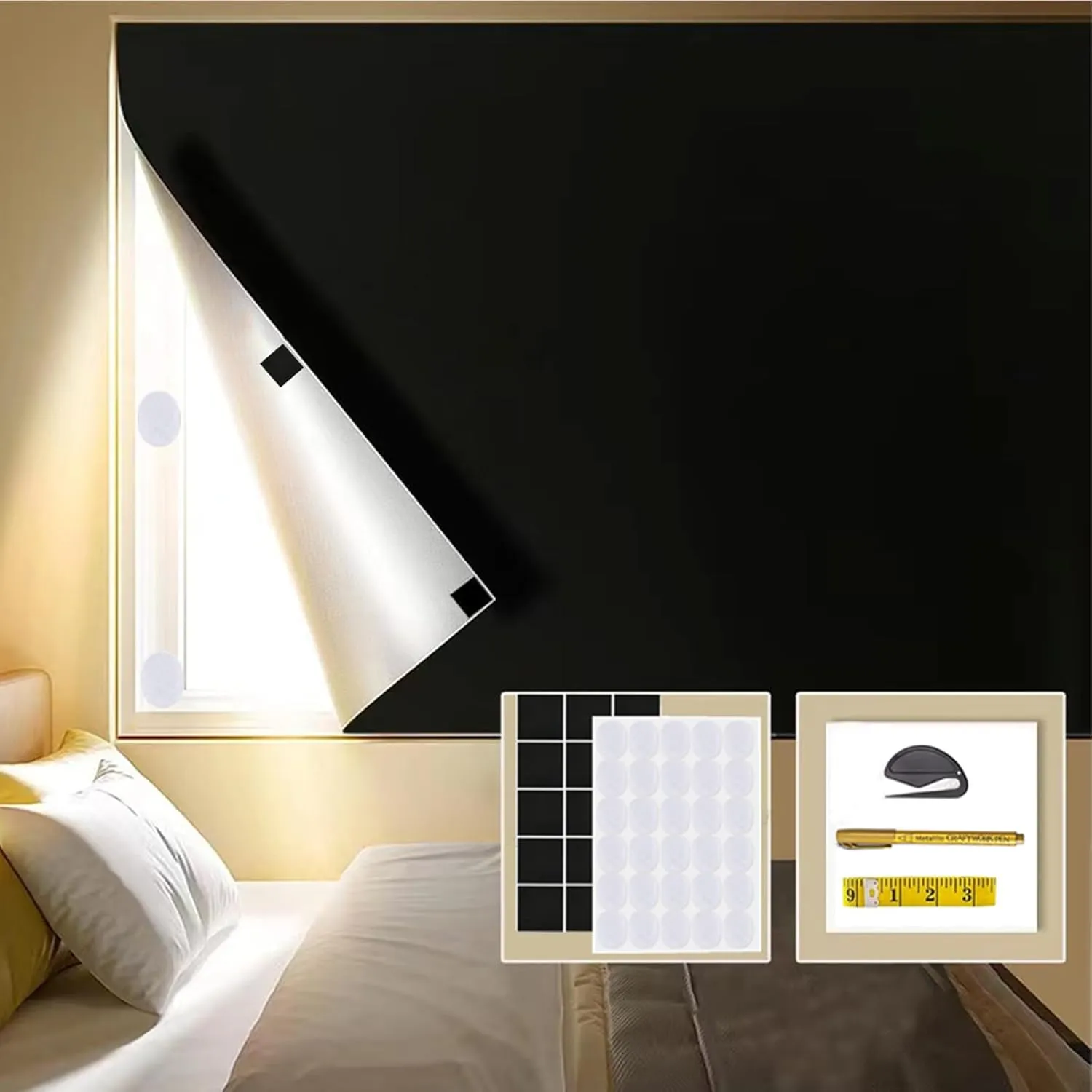 Portable Blackout Window Cover, Upgraded 118"x57" Blackout Curtains No Drill Cuttable DIY Self-Adhesive Hook Loop Tapes, Travel Reusable Blinds/Shades for Bedroom 3