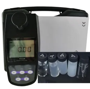 Portable Turbidimeter Turbidity Meter Kit Turbidity Tester with 4 PCS Calibration Solution Vials Range 0~1100 NTU/FNU 0~275 EBC 0~9999 ASBC 2-5 Point Calibration 100 Groups Storage USB Interface