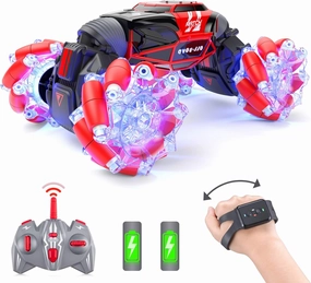 Powerextra Remote Control Car, 4WD 2.4GHz Gesture Sensing Rc Stunt Car, Double Sided 360°Rotating Off Road Car with LED Light & Music, Toy Cars for 6-12 Year Old Boys & Girls - Red