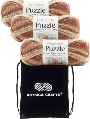 Premier Yarns Puzzle Kickball 1050-44 (3-Skeins - Same Dye Lot) Chunky Bulky #5 100% Acrylic Yarn for Crocheting and Knitting with Project Bag