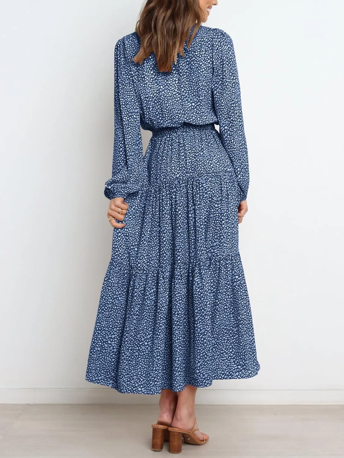 PRETTYGARDEN Womens Spring Long Sleeve Wrap V Neck Ruffle Floral Maxi Dress Casual Tie Waist Boho Chiffon Flowy Long Dresses