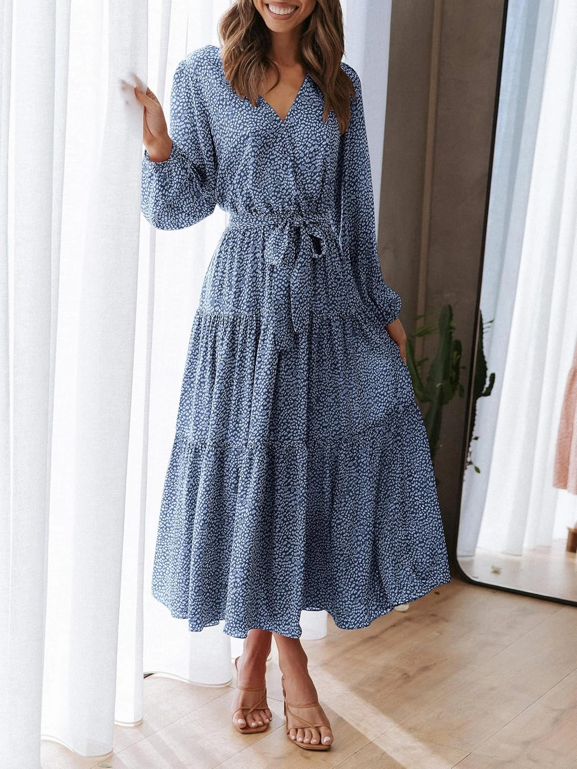 PRETTYGARDEN Womens Spring Long Sleeve Wrap V Neck Ruffle Floral Maxi Dress Casual Tie Waist Boho Chiffon Flowy Long Dresses