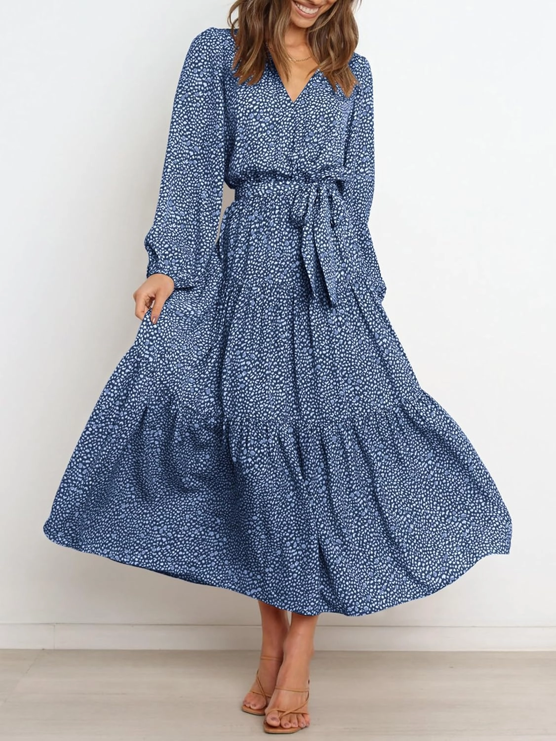 PRETTYGARDEN Womens Spring Long Sleeve Wrap V Neck Ruffle Floral Maxi Dress Casual Tie Waist Boho Chiffon Flowy Long Dresses