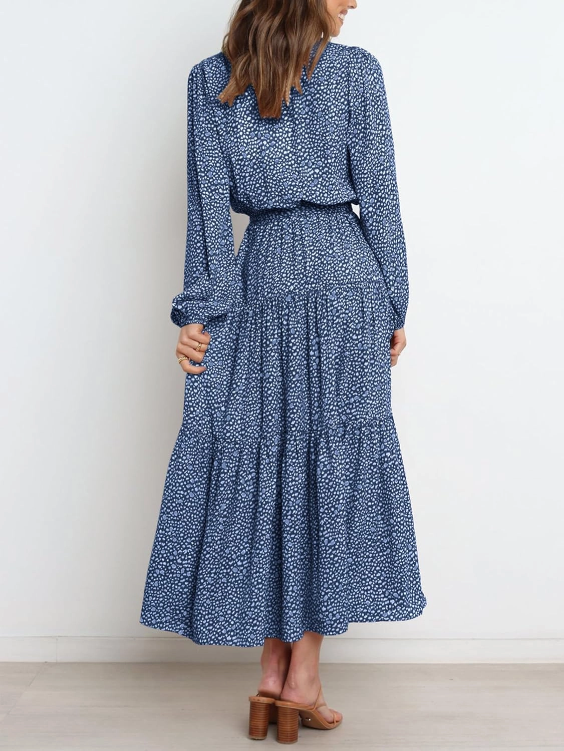 PRETTYGARDEN Womens Spring Long Sleeve Wrap V Neck Ruffle Floral Maxi Dress Casual Tie Waist Boho Chiffon Flowy Long Dresses