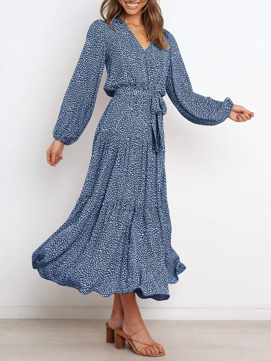 PRETTYGARDEN Womens Spring Long Sleeve Wrap V Neck Ruffle Floral Maxi Dress Casual Tie Waist Boho Chiffon Flowy Long Dresses