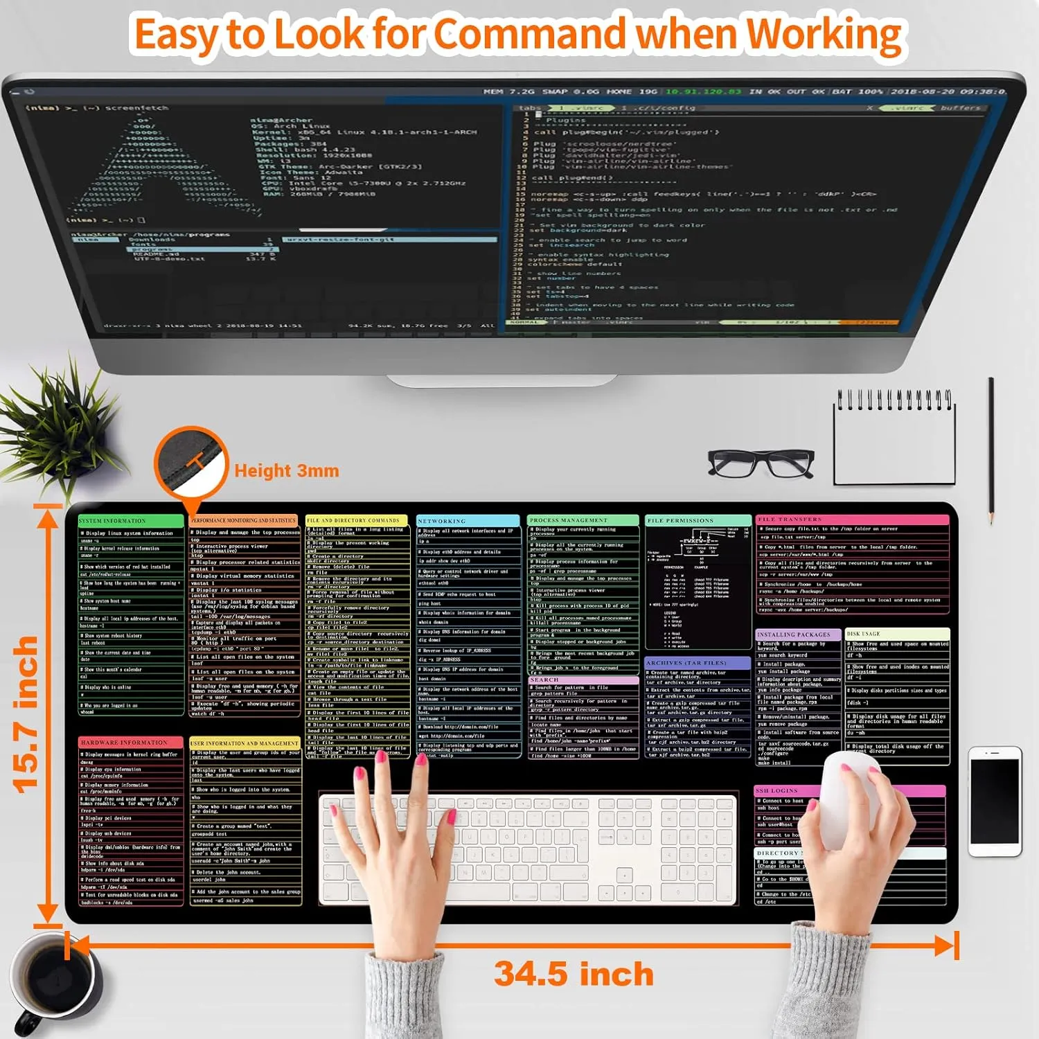 ProbTis Linux Commands Line Mouse Pad, Cheat Sheet to Kali/Red Hat/Ubuntu/OpenSUSE/Arch/Debian/Unix Programmer, Extended Large Desk Mat, 35.4”×15.7", Back to School