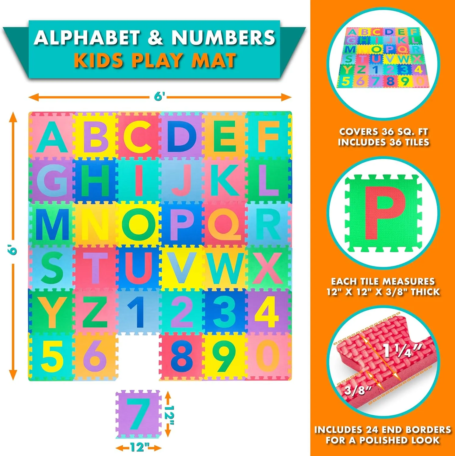 ProSource Kids Foam Puzzle Floor Play Mat with Shapes & Colors 36 Tiles, 12"x12" and 24 Borders