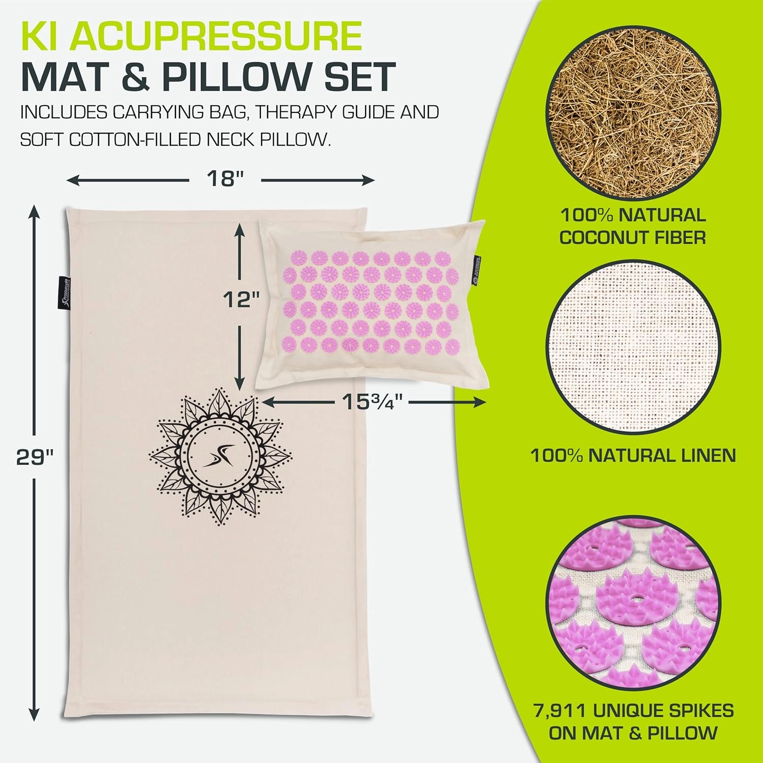ProsourceFit Ki Acupressure Mat and Pillow Set with 100% Natural Linen for Back/Neck Pain Relief and Muscle Relaxation