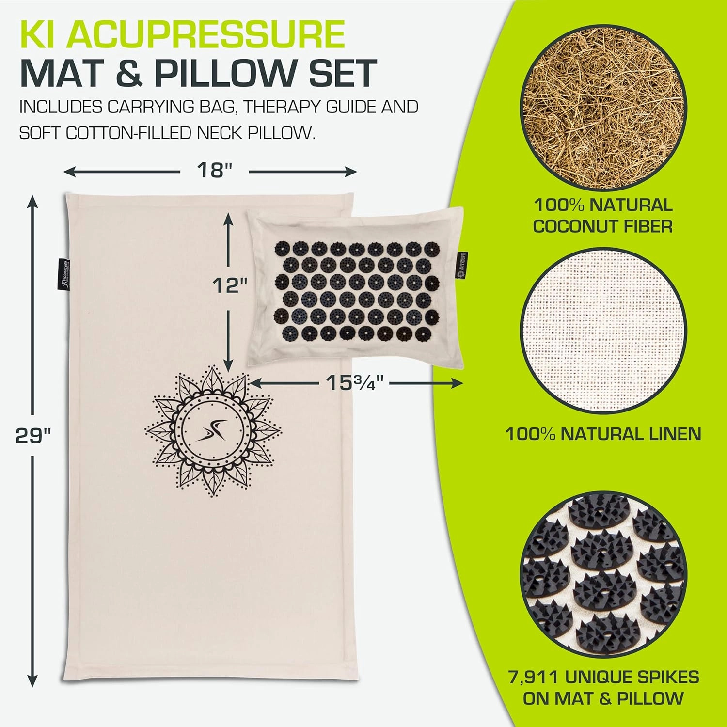 ProsourceFit Ki Acupressure Mat and Pillow Set with 100% Natural Linen for Back/Neck Pain Relief and Muscle Relaxation, Onyx Gold