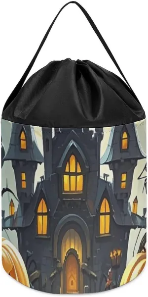 Pumpkin Lantern Castle Toy Storage Basket Reusable Drawstring Toy Bucket Bags Toy Hamper Round Toys Clothes Storage Basket for Playroom