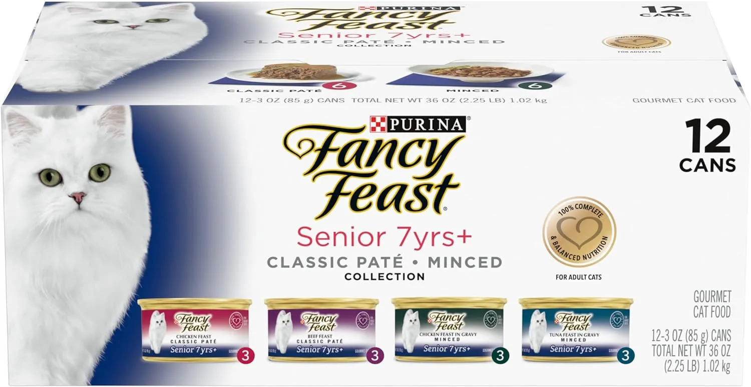Purina Fancy Feast High Protein Senior Wet Cat Food Variety Pack, Senior 7  Chicken, Beef & Tuna Feasts - (2 Packs of 12) 3 oz. Cans