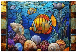 Puzzles For Adults 1000 Pieces Stained Glass Seas,Vibrant Fish & Coral Reef In Sunlit Depths, Premium Wooden Ocean Art,Vibrant Design,Creative Activity Hobbies For Adults