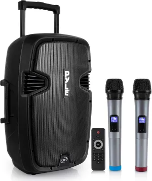 Pyle Karaoke Portable PA Speaker System - 1600W Active Powered Bluetooth Compatible Speaker, Rechargeable Battery, Easy Carry Wheels, USB MP3 RCA, FM Radio, 2 UHF Microphone, Remote - Pyle